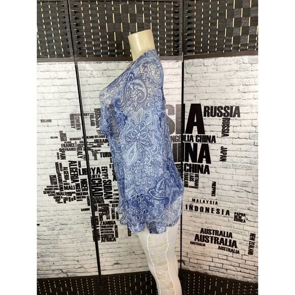 New York City Design L Blue Paisley Silk Beaded V-Neck Long Bell Sleeve Top - Picture 5 of 6